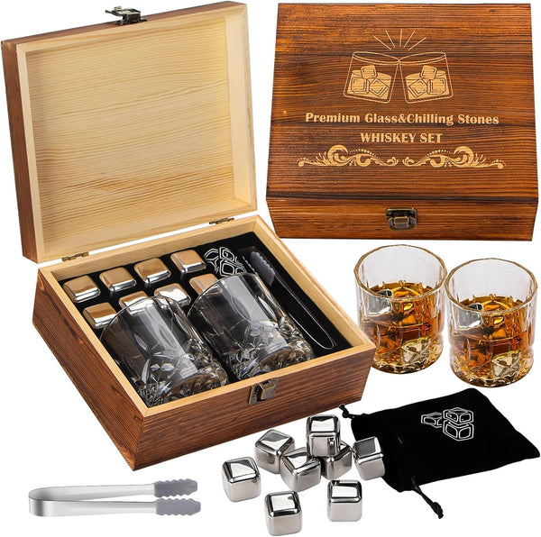 Uauxpe Whiskey Glass Gift Set, Whisky Gift Set, 8 Reusable Whiskey Chilling Stones, 2 Glasses, Handmade Wooden Box, Whiskey Glasses Set of 2, Gift for Men, Dad, Husband, Birthdays, Whiskey Lovers