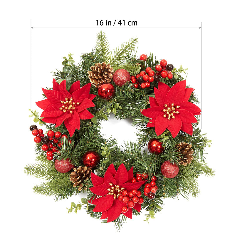 LinTimes 16 Inch Christmas Wreath for Front Door, 40cm Red Artificial Wreaths with Xmas Baubles, Xmas Flowers, Berries and Pine Cones for Fireplace Wall Window Door Christmas Outside Decoration - Gift Guide