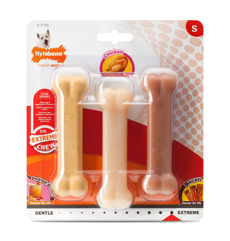 Nylabone Extreme Tough Dog Chew Toy Bones, Peanut Butter, Chicken, Bacon Flavoured, 3-Piece, Small, For Dogs Up To 11 kg - Gift Guide