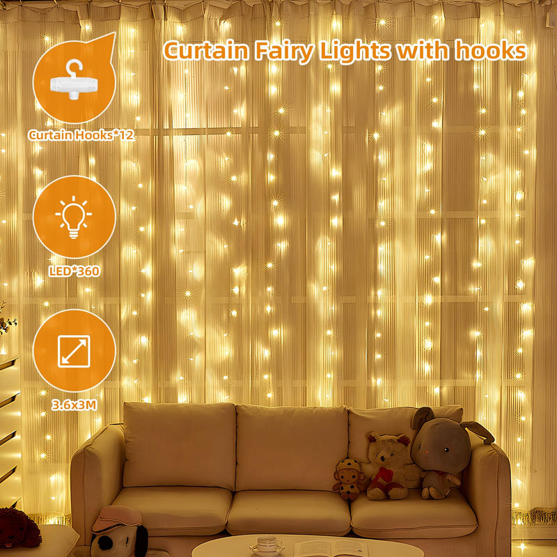 Jsdoin Curtain Fairy Lights, 3.6m x 3m 360leds USB Operated 8 Modes String Light Indoor Outdoor Waterproof Hanging Window Lights with Hooks for Christmas, Wedding, Party,Wall, Home Decorations - Gift Guide