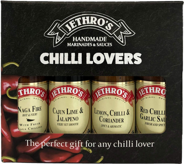 Jethro's | Marinades & Sauces | Artisan Chilli Sauce Gift Set | Hot & Fiery Sauce | 4 Great Flavours | Vegetarian & Vegan Friendly | No Onions/Tomatoes | 4x100ml of our Most Popular Chilli Sauces - Gift Guide