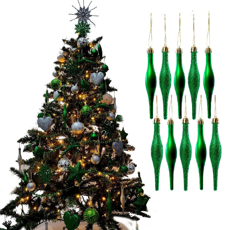 Simply Products 10 Droplet Baubles - Great Christmas Tree Decoration, Matte & Glitter Icicle Baubles (Dark Green Glitter & Matte) - Gift Guide