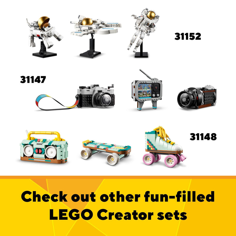 LEGO Creator 3in1 Retro Roller Skate to Mini Skateboard Toy to Boom Box Radio, Set for 8 Plus Year Old Girls, Boys & Kids, Great Desk Decoration or Bedroom Accessories, Gifts for Music Lovers 31148