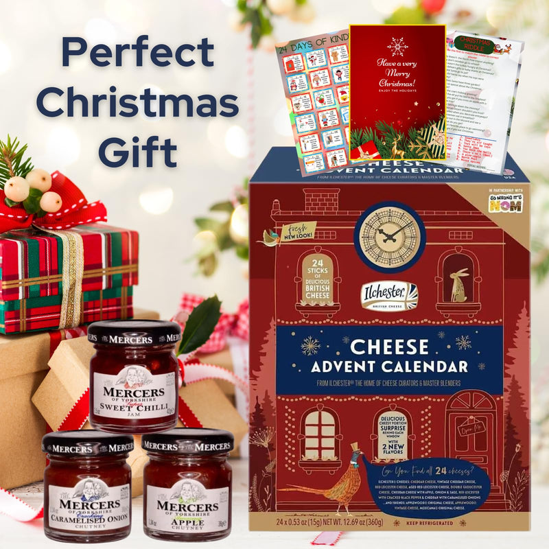 Ilchester Cheese Advent Calendar 2024, Chutney and Christmas Card - World's First Cheese Advent, 24 Individually Wrapped Cheese Selection - Cheese Gifts, Chutney Gift Sets, Unique Food Advent Calendar - Gift Guide