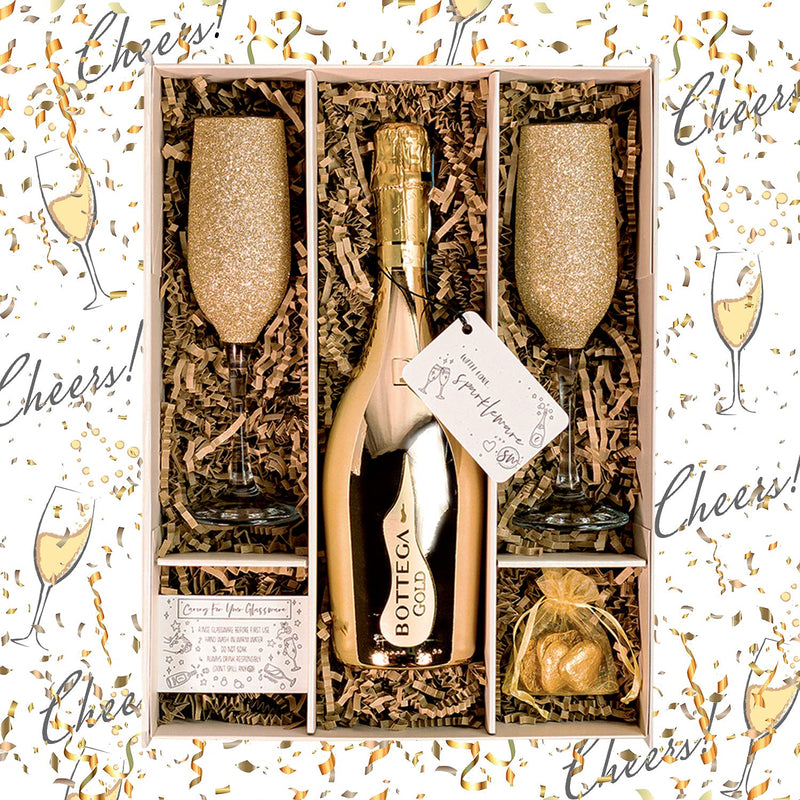 Bottega Gold Prosecco DOC 75cl Gift Set Hamper With Matching Sparkling Gold Champagne Flutes, Chocolates And Gift Box - Golden Wedding Gift - With Personalised Gift Message (Sparkling Tops)