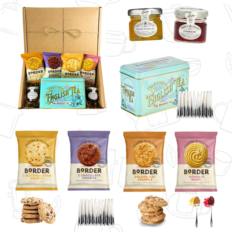 Tea Gift Set Hamper Biscuits and Tea Hamper Afternoon Including New English Teas Teabags, Strawberry Jam & Orange Marmalade With Luxury Snacks - Great British Gifts - Gift Guide