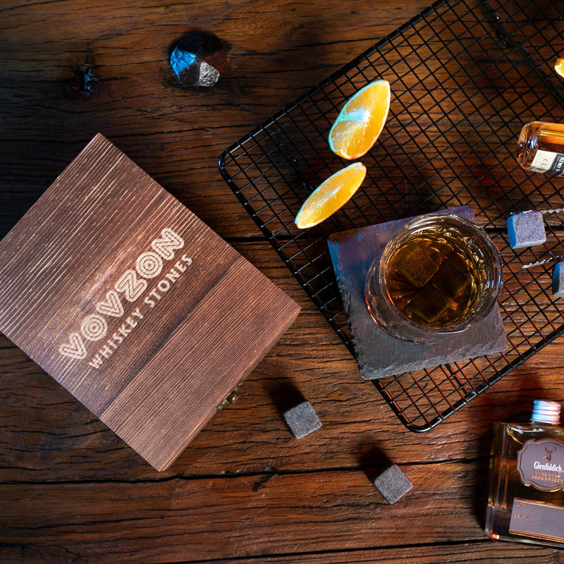 Whiskey Stones and Glass Gift Set for Men – 4 Whisky Scotch Bourbon Chilling Stones + Whiskey Rock Glass + Slate Coasters for Whiskey, Christmas/Father's Day/Birthday Gift/Present for Dad Boyfriend