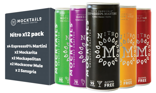 Uniquely crafted, non-alcoholic cocktails. Pack of x4 Espresso Martini, x2 Margarita, x2 Moscow Mule, x2 Cosmo and x2 Sangria. Naturally sourced, nitro charged, ready-to-drink mocktail | 12 x 200ml