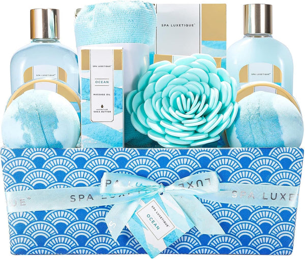 Spa Luxetique Spa Gift Set, 12pcs Ocean Scent Bath Gift Set, Pamper Gifts for Women, Refreshing Bath Gifts for Women with Bubble Bath, Bath Bomb, Body Lotion, Pamper Hampers for Women, Mum Gifts