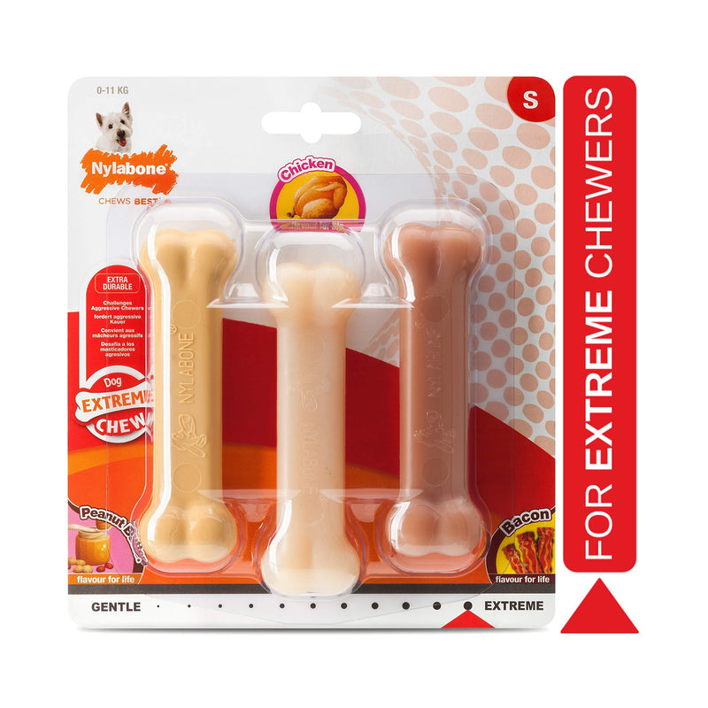 Nylabone Extreme Tough Dog Chew Toy Bones, Peanut Butter, Chicken, Bacon Flavoured, 3-Piece, Small, For Dogs Up To 11 kg - Gift Guide