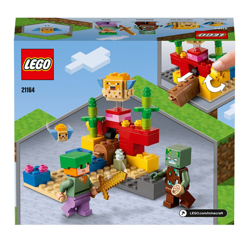 LEGO 21164 Minecraft The Coral Reef Building Toy with Alex, 2 Brick-Build Puffer Fish and Drowned Zombie Figures, Gifts for Kids, Boys & Girls
