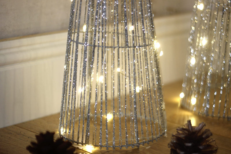 Marco Paul Christmas Set of 3 Silver Light Up Cone Trees Festive LED Christmas Decorations Pre-Lit Xmas Tree Set Indoor Ornamental Pyramid Metal Ornaments Home Decor Wire Warm White LED Lighting - Gift Guide