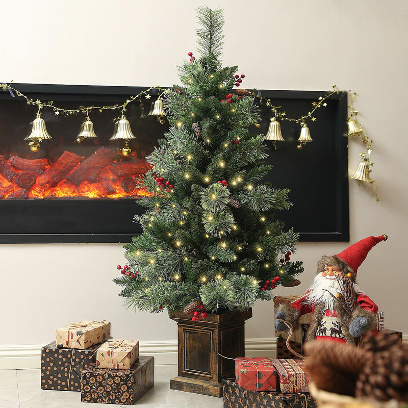 HOMCOM 1.2m/4ft Artificial Christmas Tree with 100 Warm White LED Lights and 8 Modes, Small Xmas Tree with Red Berries, Pine Cones and Retro Base, Green - Gift Guide