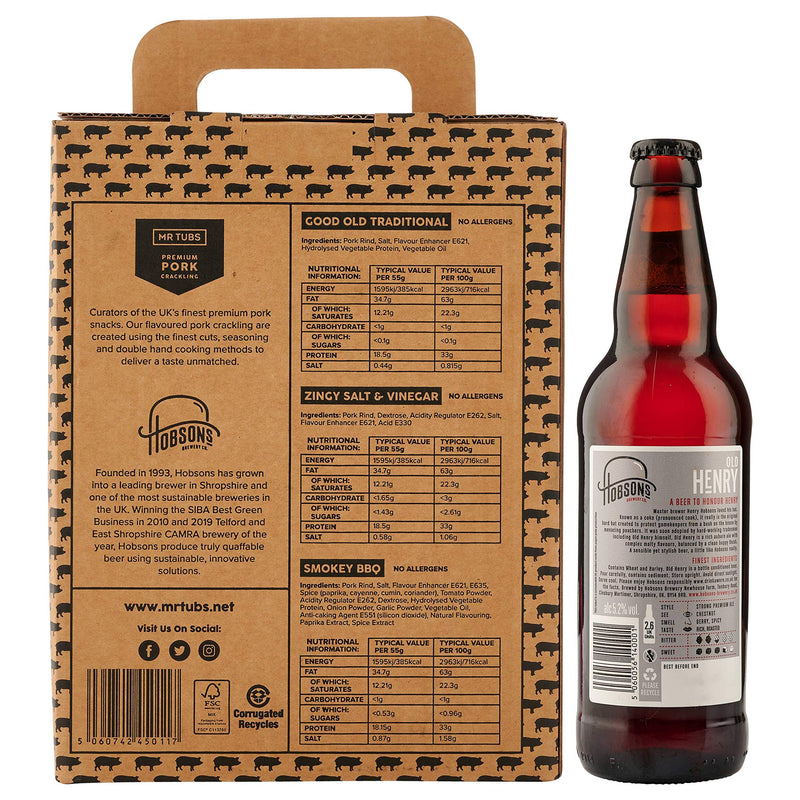 Mr Tubs Premium Pork Crackling & Single (500ml) Beer Gift Set - 3 x Crackling Flavour Tubs & 1 x Beer - Ideal Low Carb, Keto & Paleo Friendly Pork Scratchings Meat Snack (Old Henry)
