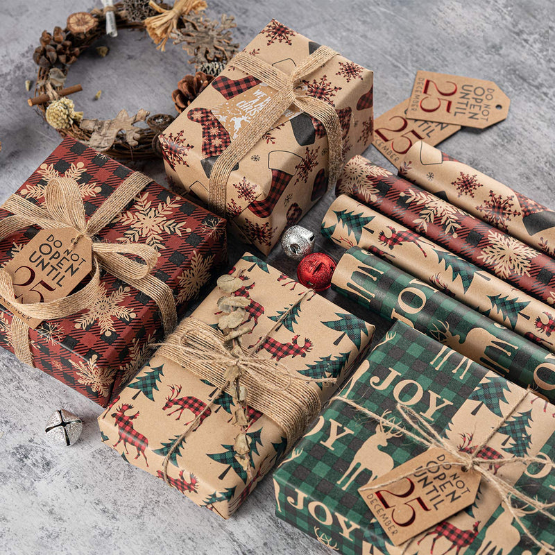 RUSPEPA Christmas Wrapping Paper, Kraft Paper - Red and Green Plaids Style Designs - Christmas Elements Collection - 4 Rolls - 76cm x 305cm per Roll - Gift Guide