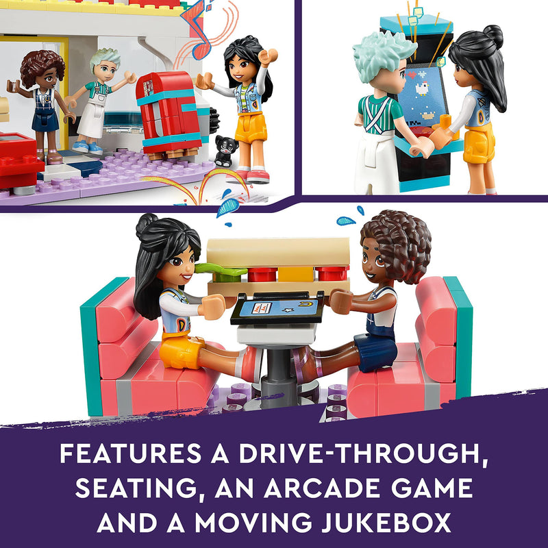 LEGO Friends Heartlake Downtown Diner Restaurant Playset, Toy for Kids Aged 6 Plus, Birthday Gift Idea with Liann, Aliya and Charli Mini-Dolls, 2023 Series Characters 41728