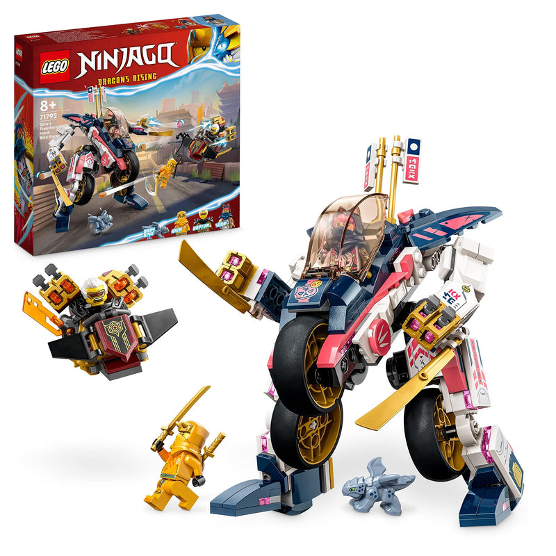 LEGO NINJAGO Sora's Transforming Mech Bike Racer, 2in1 Set with Transforming Mech Action Figure to Ninja Motorbike Toy for 8 Plus Year Old Kids, Boys, Girls, Includes 3 Minifigures, Gift Idea 71792