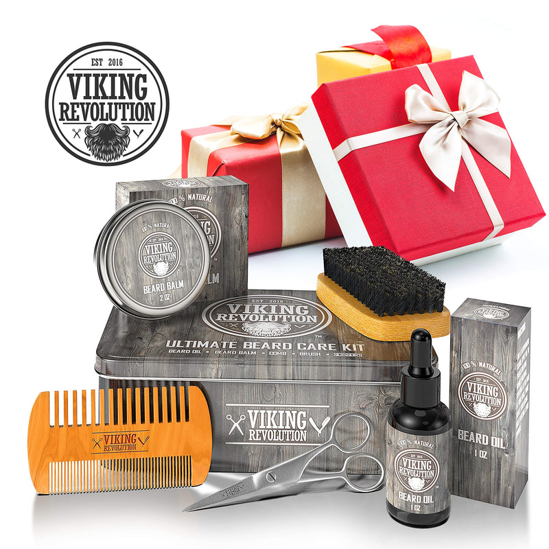 Viking Revolution - Beard Grooming Kit for Men - Ultimate Beard Kit with 100% Boar Beard Brush, Beard Comb, Citrus Beard Balm, Unscented Beard Oil & More - Christmas Gifts for Him - Gifts for Men