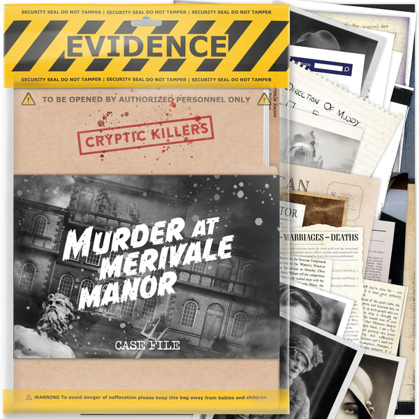 Cryptic Killers Unsolved murder mystery game - Cold Case Files Investigation Detective Evidence & Crime File - individuals, date nights & party games- Murder at Merivale Manor - Gift Guide