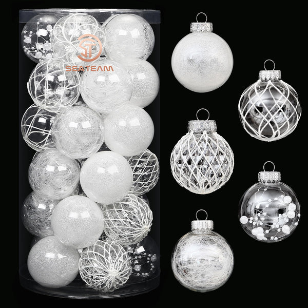 Sea Team 60mm/2.36" Shatterproof Clear Plastic Christmas Ball Ornaments Set with Glitter Painting, Transparent, See-Through, Crystal Baubles, Xmas Tree Decorations (30 Counts, White) - Gift Guide