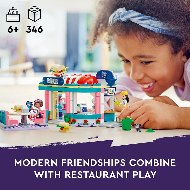 LEGO Friends Heartlake Downtown Diner Restaurant Playset, Toy for Kids Aged 6 Plus, Birthday Gift Idea with Liann, Aliya and Charli Mini-Dolls, 2023 Series Characters 41728