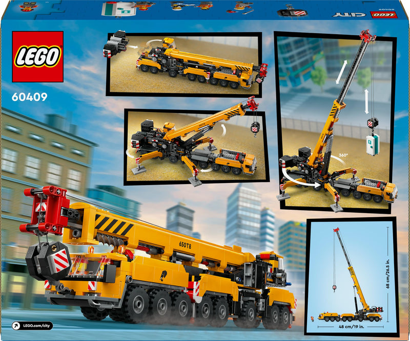 LEGO City Yellow Mobile Construction Crane Toy, Vehicle Building Set for 9 Plus Year Old Boys and Girls, Long Extendable Boom and 4 Worker Minifigures for Role Play, Creative Gift for Kids 60409