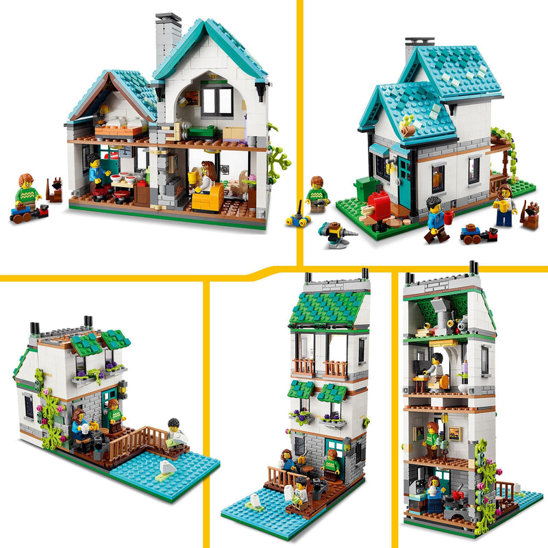 LEGO 31139 Creator 3 in 1 Cosy House Toy Set, Model Building Kit with 3 Different Houses plus Family Minifigures and Accessories, Gift for Kids, Boys and Girls