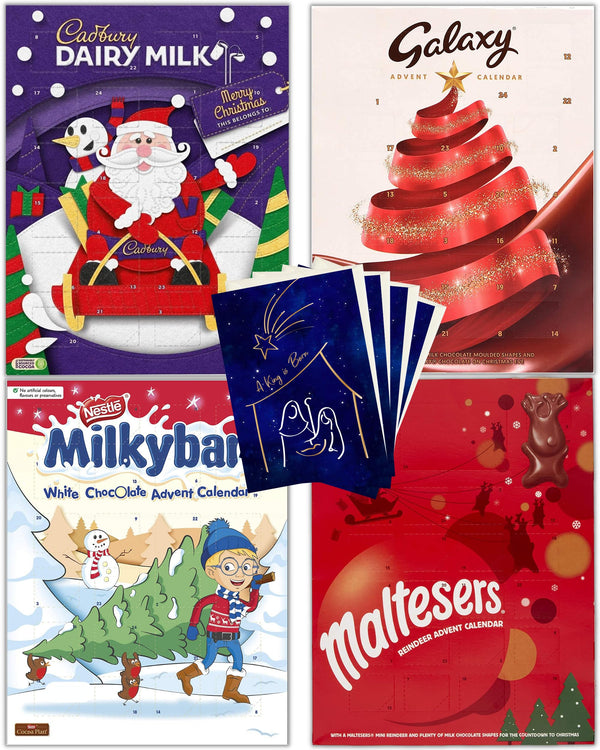 Chocolate Advent Calendars 2024 for Kids and Adults - 4 Pack with Cadbury Dairy Milk, Galaxy, Maltesers and Milkybar - Christmas Countdown Calendar Bundle Complete with 4 Luxury Festive Greeting Cards - Gift Guide