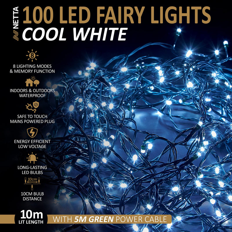 NETTA Christmas Tree Fairy Lights - 100 LED Cool White with 8 Different Modes; for Outdoor & Indoor Use, Plug in Xmas Party Decorations - 100 LED/ 10M Lit-Length - Gift Guide