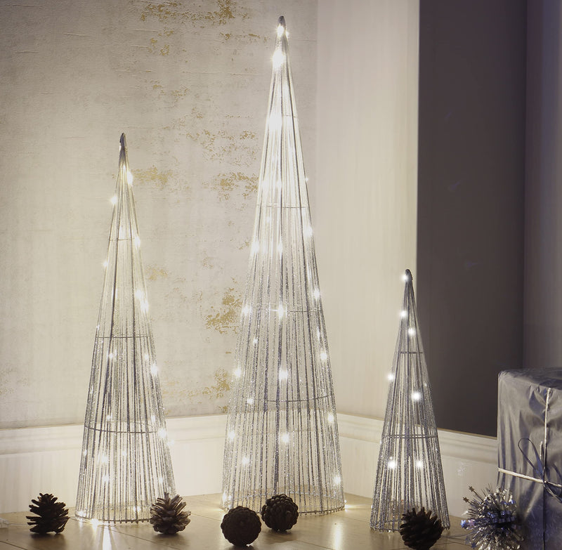 Marco Paul Christmas Set of 3 Silver Light Up Cone Trees Festive LED Christmas Decorations Pre-Lit Xmas Tree Set Indoor Ornamental Pyramid Metal Ornaments Home Decor Wire Warm White LED Lighting - Gift Guide