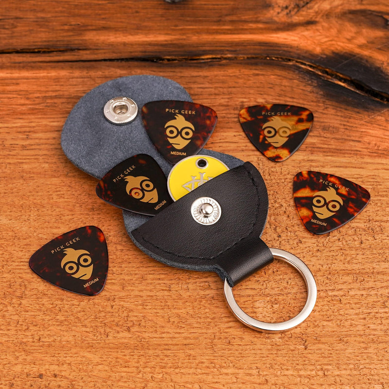 Pick Geek Leather Pick Holder Keyring | 100% Handmade Real Leather | Black | Includes 5 FREE Pick Geek Celluloid Triangle Picks | Shipped in a Kraft Gift Box