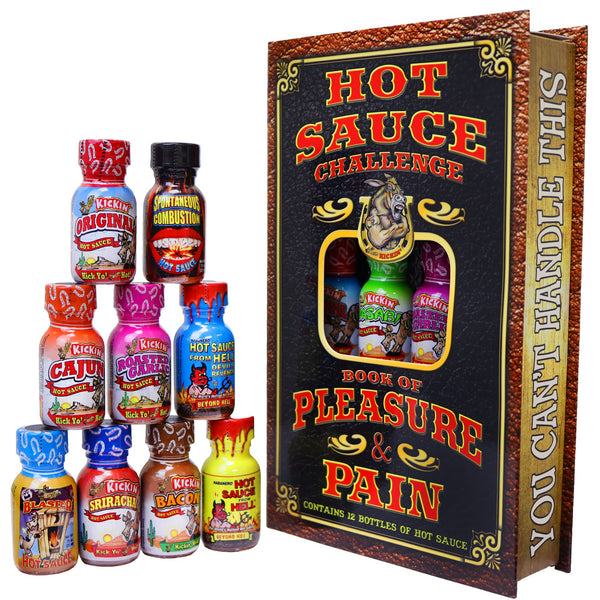 Hot Sauce Challenge Book Of Pleasure & Pain - 12 – 0.75 Ounce Bottles Gift Set - Perfect Premium Gourmet Hot Sauce Gift Set - Try If You Dare! - Gift Guide