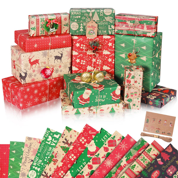 Pecehom 12pcs Christmas Wrapping Paper,Recyclable Kraft Paper 50 * 70CM in Folded Sheets with 12 Unique Xmas Theme Pattern Designs(Bonus 10m Jute String and 10 Gift Tags) - Gift Guide