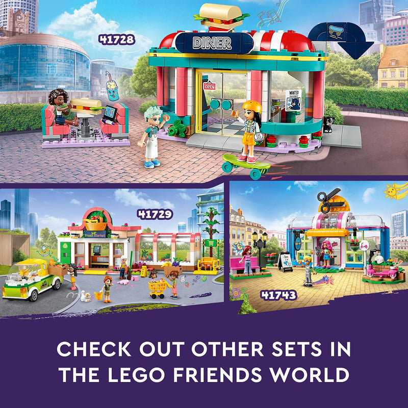 LEGO Friends Heartlake Downtown Diner Restaurant Playset, Toy for Kids Aged 6 Plus, Birthday Gift Idea with Liann, Aliya and Charli Mini-Dolls, 2023 Series Characters 41728