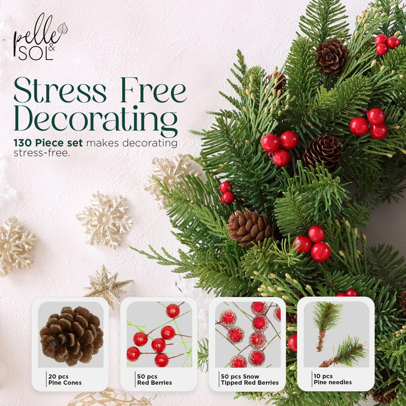 Pelle & Sol 130Pcs Wreath Making Kit | Wreath Making, Realistic Pine Cones & Berry DIY Crafts, Christmas Wreath Decorations, Christmas Wreath Making Supplies, Wreath Making Supplies, Christmas Foliage - Gift Guide