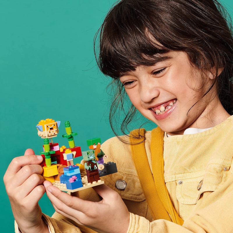 LEGO 21164 Minecraft The Coral Reef Building Toy with Alex, 2 Brick-Build Puffer Fish and Drowned Zombie Figures, Gifts for Kids, Boys & Girls