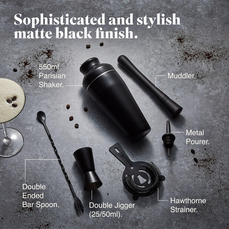 VonShef Cocktail Shaker Set, Black 8pc Set with 600ml Parisian Cocktail Shaker, Professional Bartender Set for Home Bar, Including Strainer, Muddler, Jigger & Other Bar Accessories, Gift Box Included