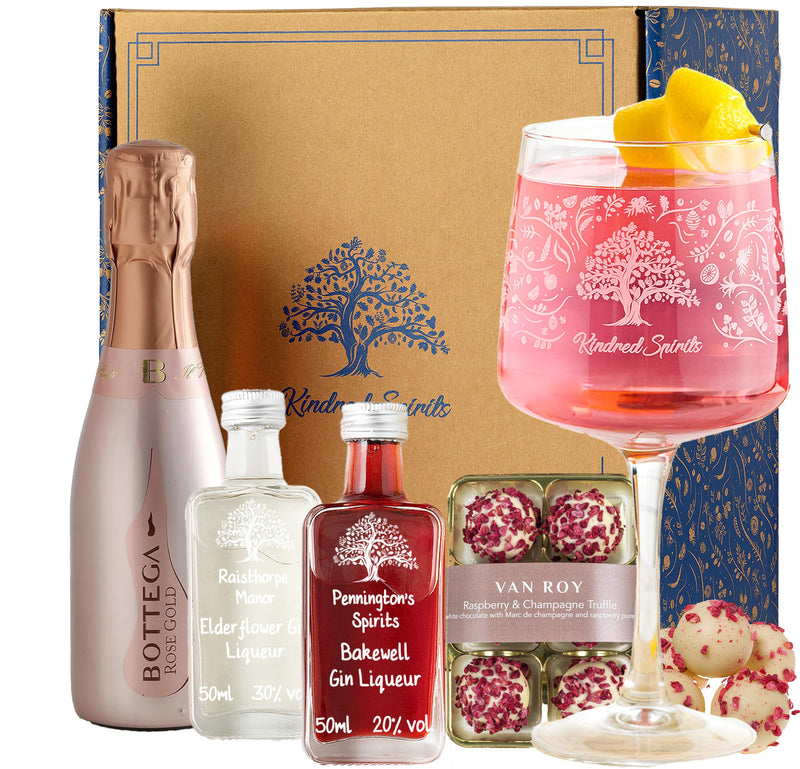 Premium Craft Gin & Prosecco Gift Set with Engraved Gin Glass & Champagne Chocolates - Great Birthday Gift - Gin Hamper for Her (Bottega Gold Rose Prosecco Gift Set)