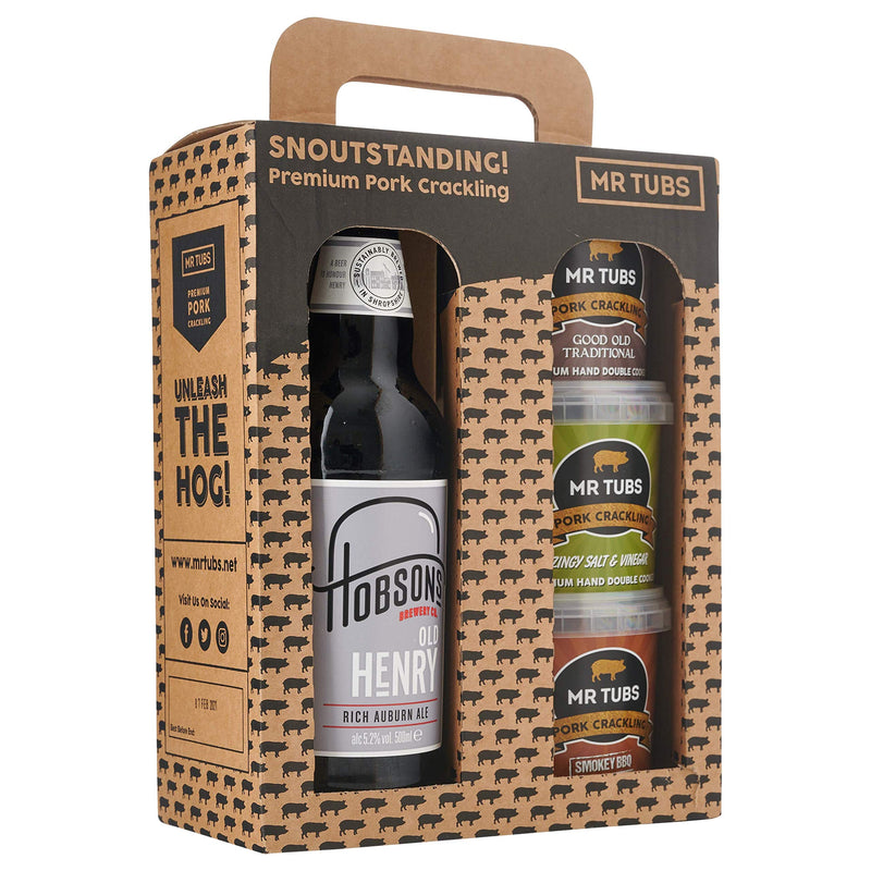 Mr Tubs Premium Pork Crackling & Single (500ml) Beer Gift Set - 3 x Crackling Flavour Tubs & 1 x Beer - Ideal Low Carb, Keto & Paleo Friendly Pork Scratchings Meat Snack (Old Henry)