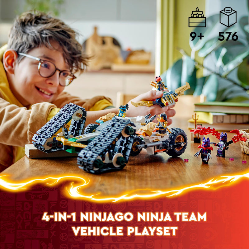 LEGO NINJAGO Ninja Team Combo Vehicle 4-in-1 Ninja Adventure Toy, with 2 Motorbikes, Glider and 6 Minifigures Incl. Characters Lloyd, Nya and Cole, Birthday Gift for 9 Plus Year Old Boys & Girls 71820