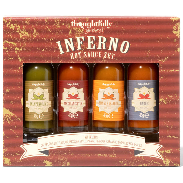 Thoughtfully Gourmet, Inferno Chilli Hot Sauce Gift Set, Scoville Ranges from Mild to Extreme, Flavourful Chilli Sauces Include Jalapeno Lime, Garlic, Mango Habanero and Mexican Style, Pack of 4 - Gift Guide