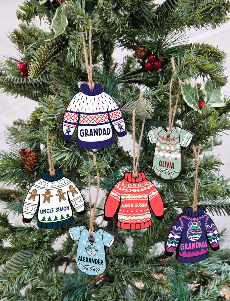 The Plum Penguin Personalised Novelty Christmas Jumper Bauble Festive MDF Ornament with Custom Name Choice of Xmas Pattern (Grey Winter Bear) - Gift Guide