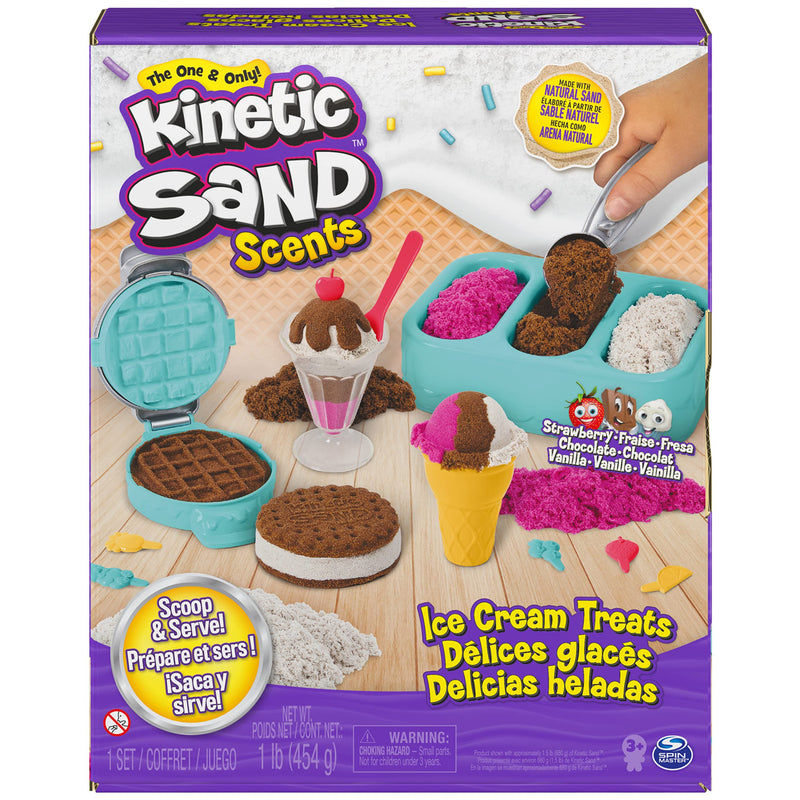 Kinetic Sand Construction Site Folding Sandbox Playset, for Kids Aged 3 and Up & Scents, Ice Cream Treats Playset with 3 Colours of All-Natural Scented Sand and 6 Serving Tools