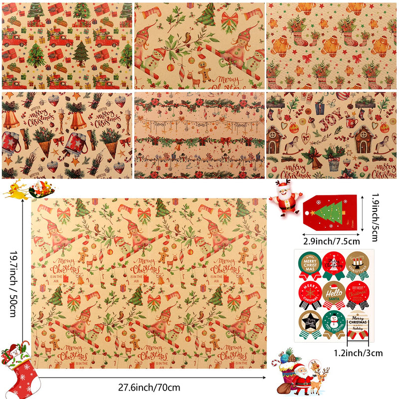 Christmas Wrapping Paper, 8 Sheets Cute Kraft Xmas Wrapping Paper Set with Tags Stickers and Paper Rope, Christmas Wrapping Papers for Gifts Arts Crafts Decorations, 50x70CM - Gift Guide