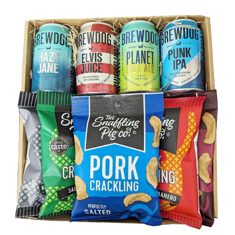 Crackling & Craft Beer Gift Set - Includes 4 different Flavoured Beers 330ml & Snaffling Pig Pork Cracklings. This Beer & Pub Snack Hamper Great Birthday Gifts for Men, Fathers Day - Gift Guide