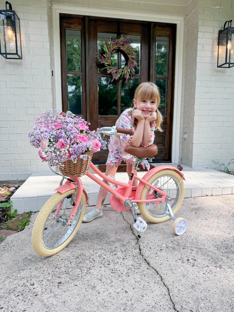 Glerc 12 Inch Kids Girls Bike for 3 4 5 Years Old Little Girls Retro Vintage Style Bicycles with Basket,Stabilisers and Bell,Peach