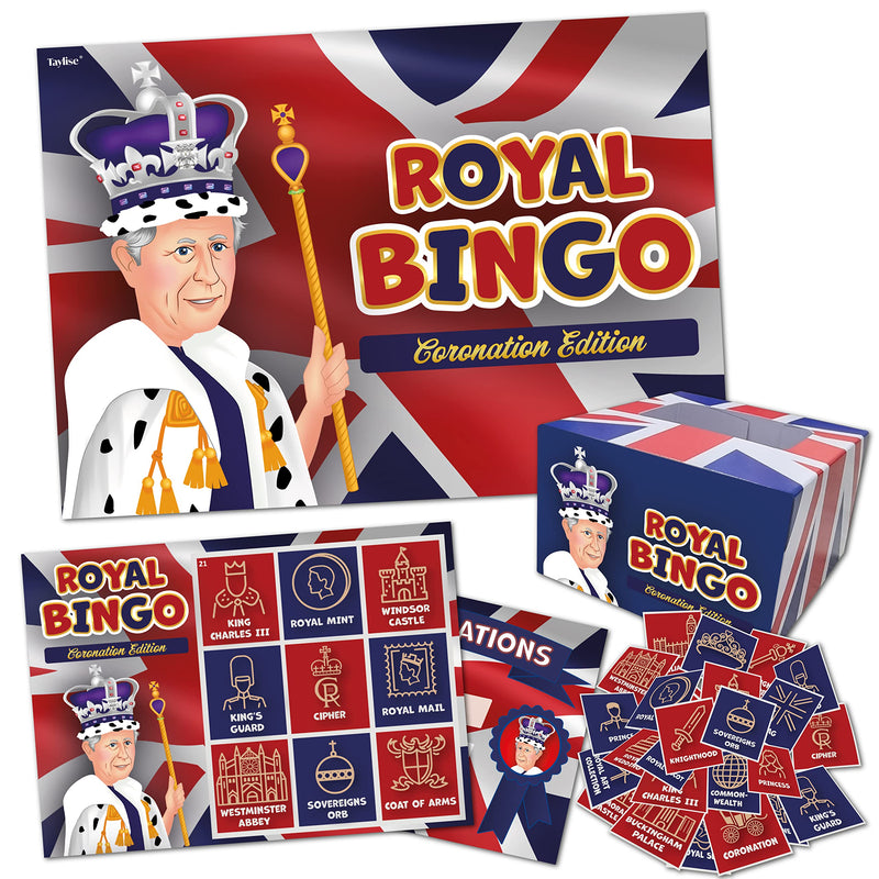 Taylise Royal Bingo – Coronation Edition - King Charles Coronation Party Game, 20 Player, 2 Winner Certificates included, Union Jack Party Supplies Decoration