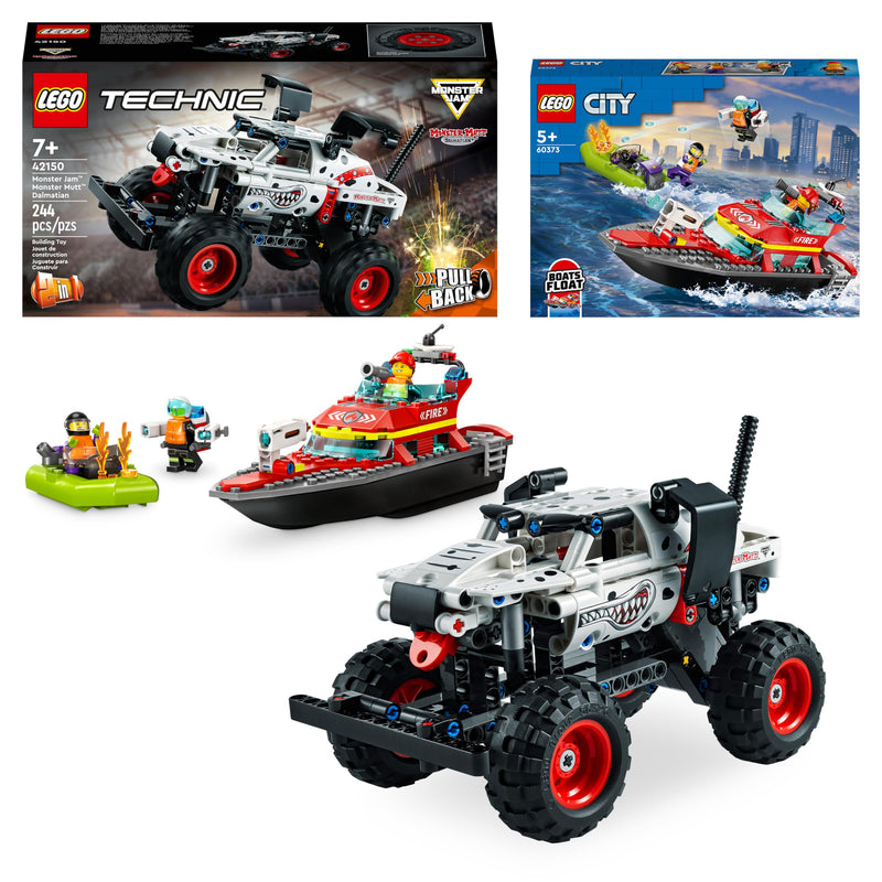 LEGO Action Vehicle Bundle: City Fire Rescue Boat (60373) and Technic Monster Jam Monster Mutt Dalmatian (42150), Includes Floating Toy Boats & Pull-Back Truck, Easter Gift Idea for Boys and Girls