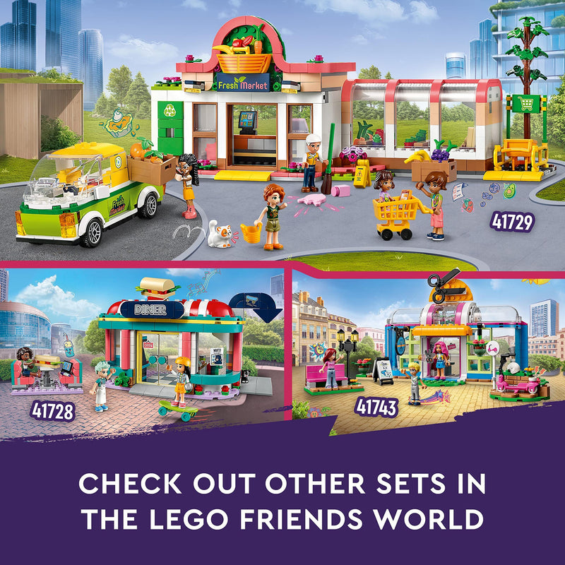 LEGO 41729 Friends Organic Grocery Store, Supermarket Toy Shop for Kids, Girls and Boys 8 Plus Years Old, Playset with Truck & 4 Mini-Dolls, 2023 Series Characters