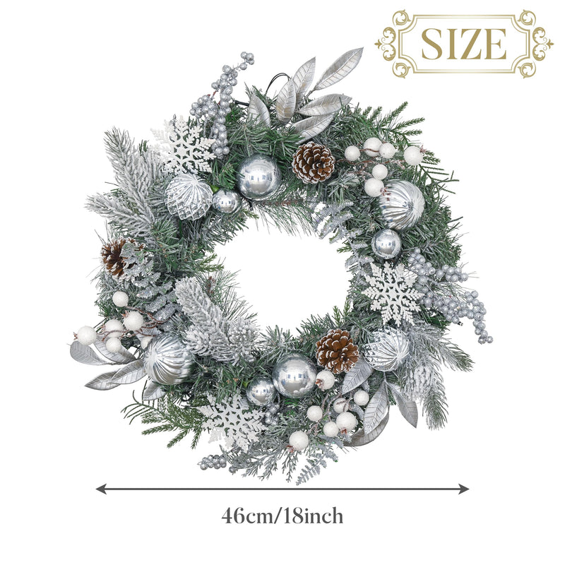 Valery Madelyn 18inch/45cm Pre-lit Christmas Wreath for Front Door, Frozen Winter Silver White Wreath with Baubles and Pine Cone, Xmas Reef with Led Lights and Timer Function for Christmas Decoration - Gift Guide